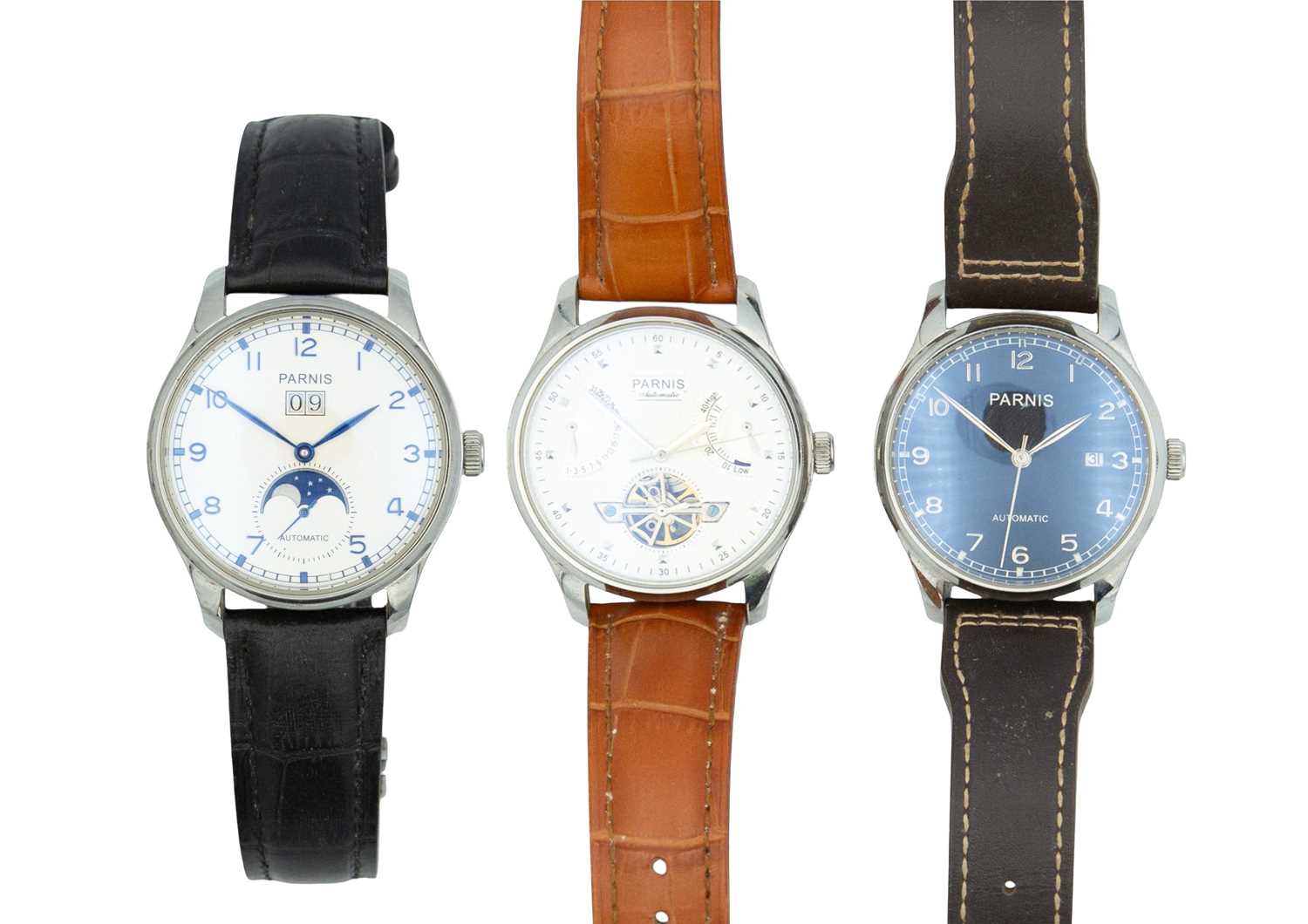 Lot 1097 - PARNIS - A selection of three gentleman's automatic stainless steel wristwatches.