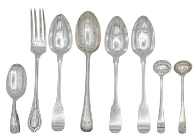 Lot 55 - A set of three George III Irish silver fiddle pattern teaspoons by Stephen Bergin, and other silver flatware.