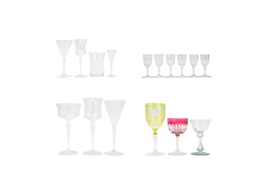 Lot 423 - Six assorted drinking glasses with matching cut, faceted and etched floral decoration.