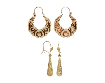 Lot 97 - Two pairs of 9k gold earrings.