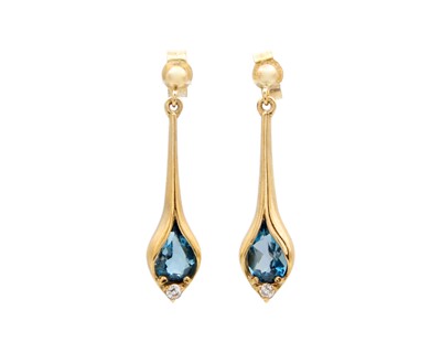 Lot 41 - A pair of 9k gold topaz and CZ pendant stud earrings.