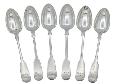 Lot 56 - A William IV silver set of six fiddle pattern teaspoons by William Eaton.