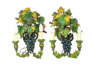 Lot 840 - A pair of twin branch vine leaf wall lights.