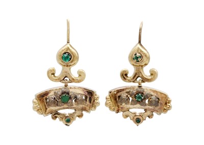 Lot 10 - A pair of 19th-century continental gold and emerald set pendant earrings.