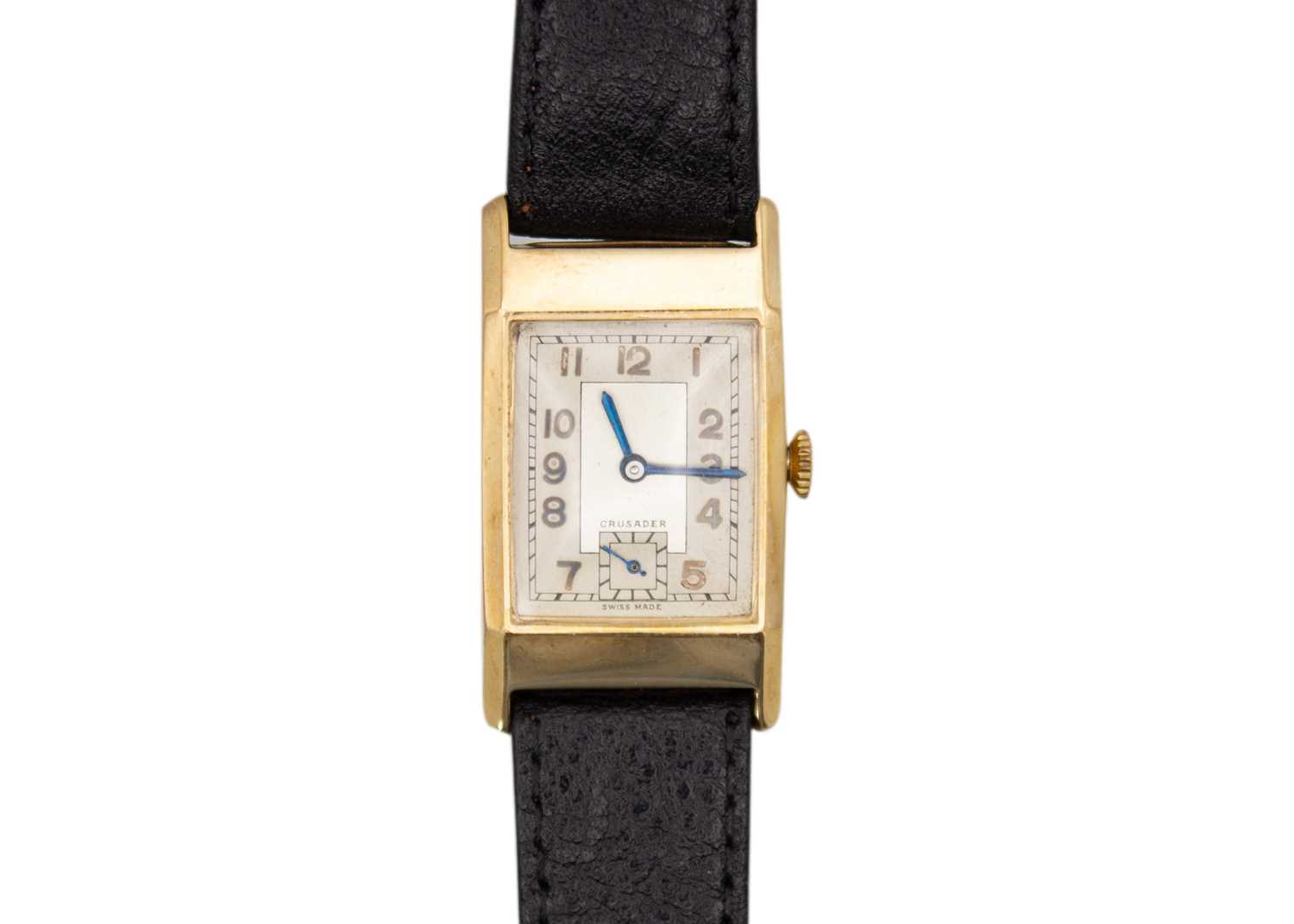 Lot 230 - CRUSADER - A 9k Art Deco tank cased gentleman's manual wind wristwatch.