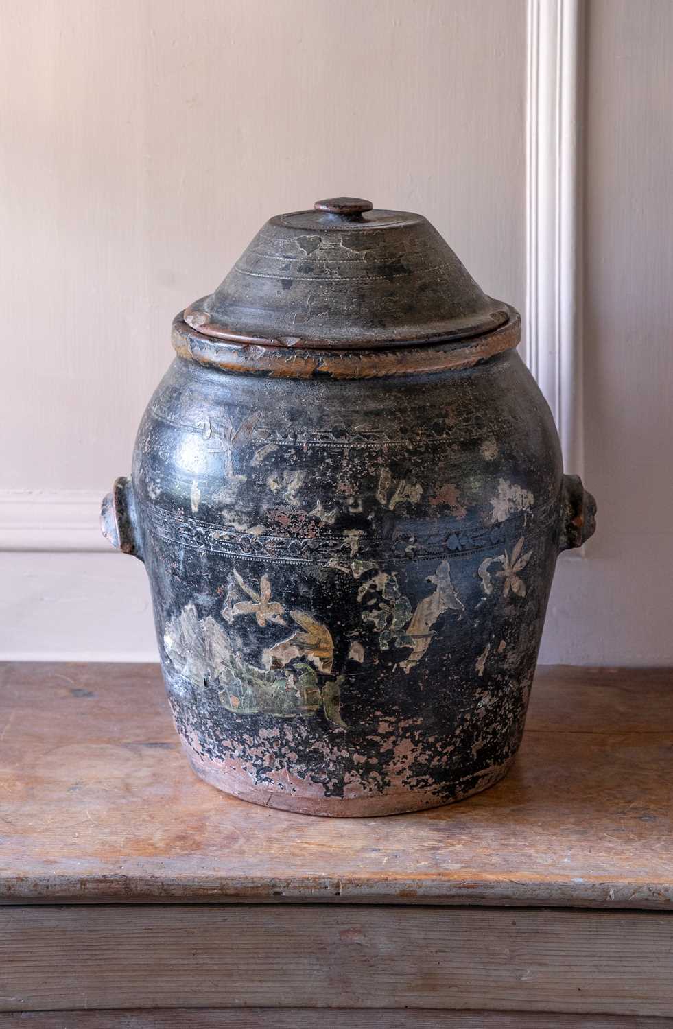 Lot 17 - A Victorian painted earthenware crock and cover.