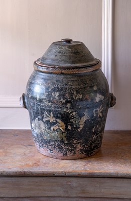 Lot 17 - A Victorian painted earthenware crock and cover.