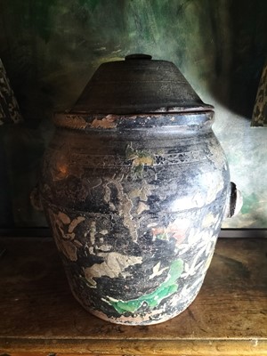 Lot 17 - A Victorian painted earthenware crock and cover.