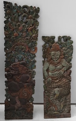 Lot 621 - Two Balinese carved albasia wood architectural relief panels.