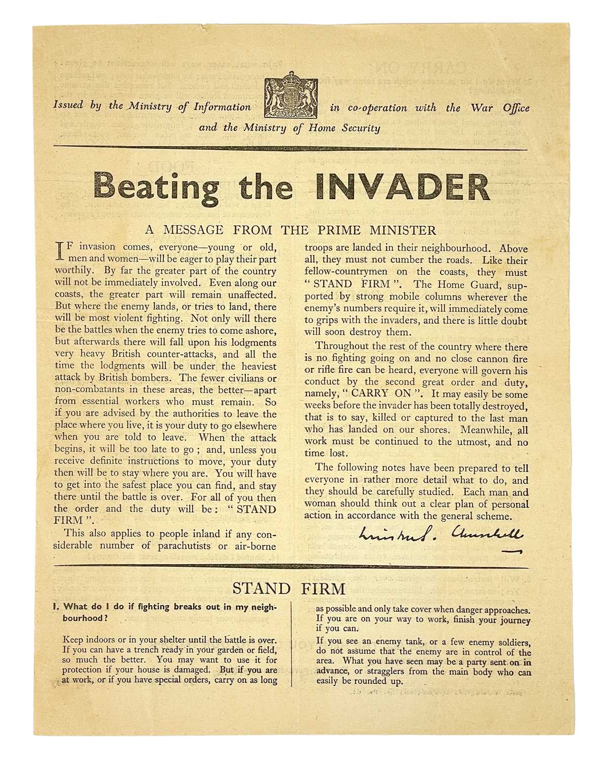 Lot 20 - (Winston Churchill and WW2) Ministry of Information Leaflet