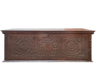Lot 894 - A Cypriot carved and stained cypress wood dowry chest.