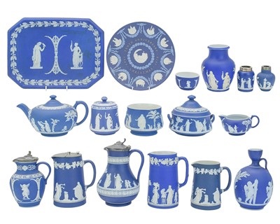 Lot 398 - A collection of Wedgwood dark blue Jasperware with neoclassical figural decoration.