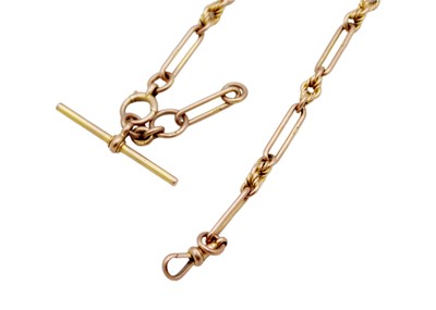 Lot 267 - A 9k rose gold trombone and knot link Albert watch chain.