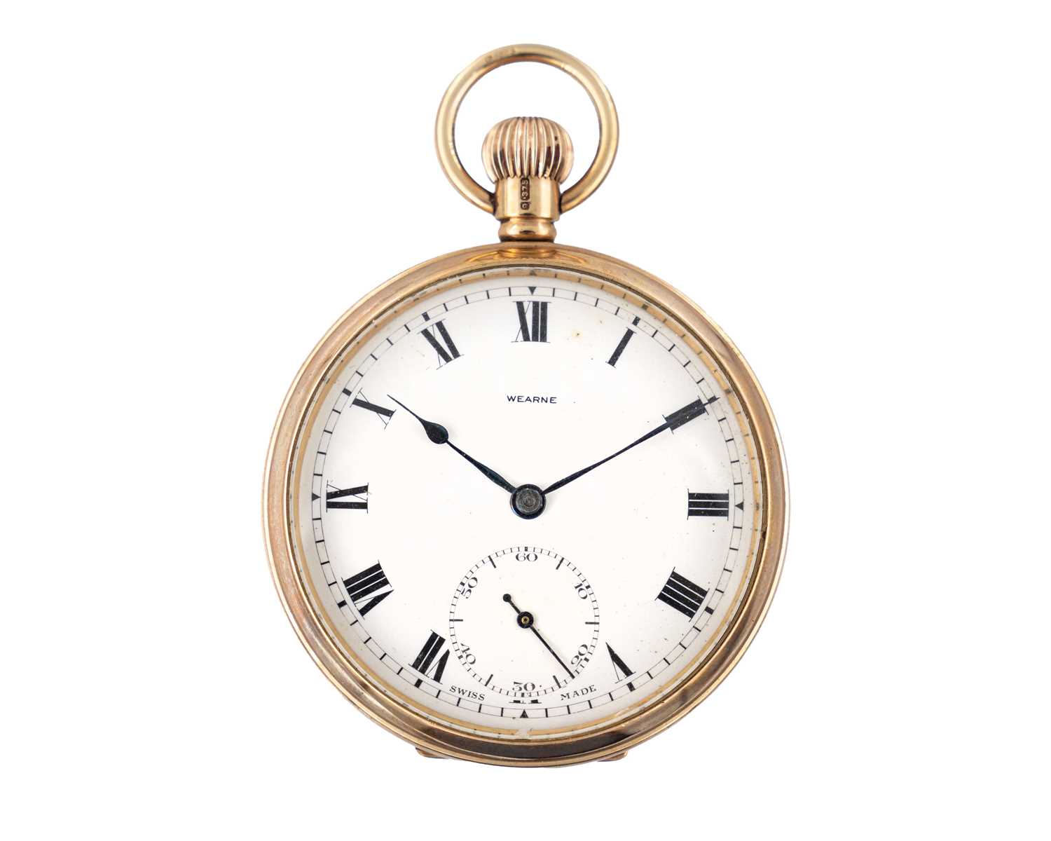 Lot 242 - A 9k rose gold keyless wind open face lever pocket watch, retailed by Wearne & Son, Helston.