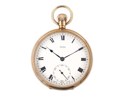 Lot 242 - A 9k rose gold keyless wind open face lever pocket watch, retailed by Wearne & Son, Helston.