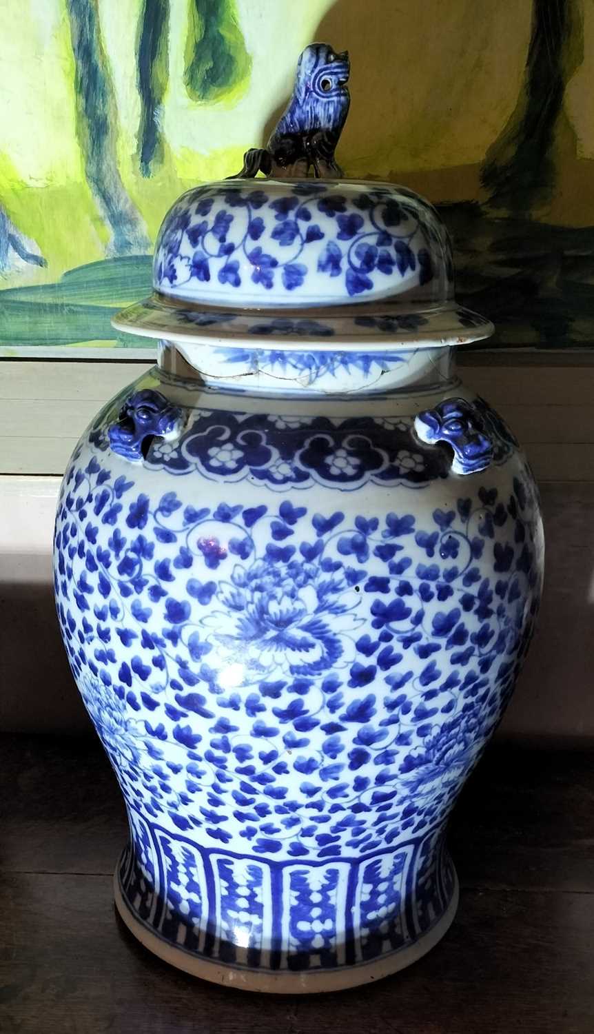 Lot 60 - A Chinese blue and white large porcelain temple jar and cover.