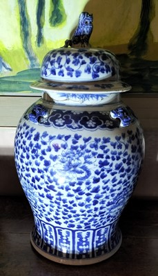 Lot 60 - A Chinese blue and white large porcelain temple jar and cover.