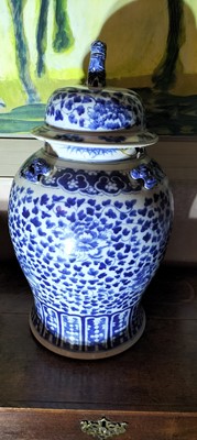 Lot 60 - A Chinese blue and white large porcelain temple jar and cover.