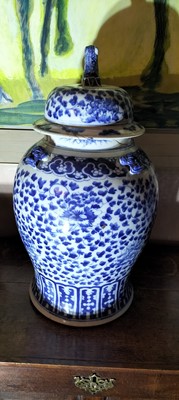 Lot 60 - A Chinese blue and white large porcelain temple jar and cover.