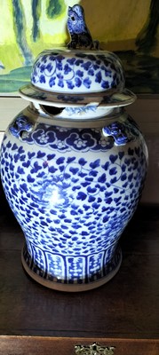 Lot 60 - A Chinese blue and white large porcelain temple jar and cover.
