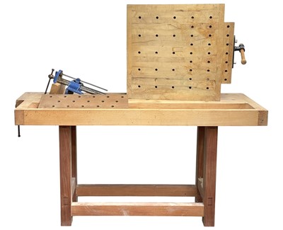 Lot 919 - A substantial custom made beech topped workbench.