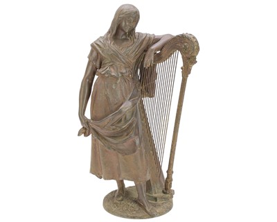 Lot 206 - After Auguste Moreau, a bronzed figure of a female harpist.