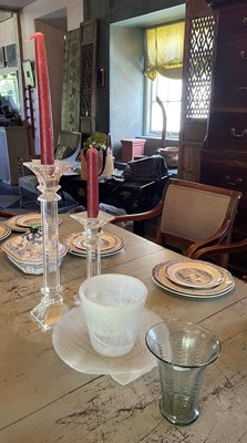 Lot 87 - Two similar graduated heavy cut glass column candlesticks.