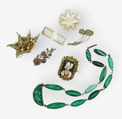 Lot 117 - A Bernard Instone silver, garnet, and marcasite brooch, with other costume jewellery items.
