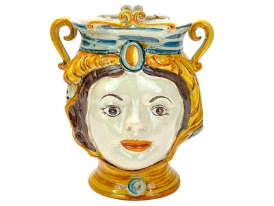 Lot 454 - A Sicilian 'Teste di Moro' majolica vase.