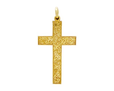 Lot 52 - An 18k gold foliate scroll engraved cross pendant.
