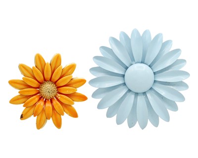 Lot 10 - A mid-century enamel-on-base-metal flower brooch with a metal flower brooch.