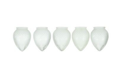 Lot 843 - A suite of five frosted and cut glass acorn shades.