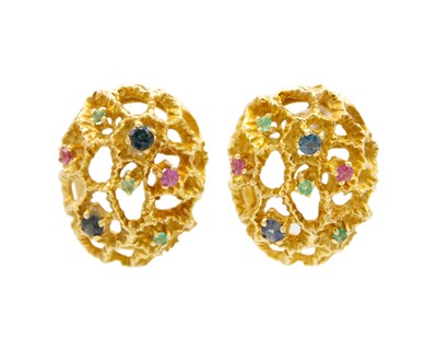 Lot A pair of high-purity gold, pink and blue sapphire, and emerald set earrings.