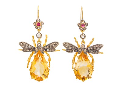 Lot 50 - A pair of antique-style silver gilt, ruby, diamond, and citrine set May-fly earrings.