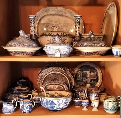 Lot 95 - Two shelves of mainly blue and white pottery.