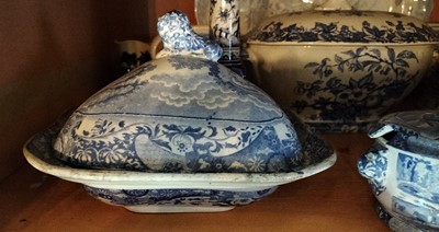 Lot 95 - Two shelves of mainly blue and white pottery.