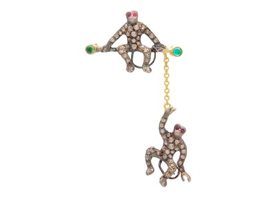 Lot 54 - An antique-style silver gilt, ruby, emerald, and diamond 'two playing monkeys' brooch/pendant.