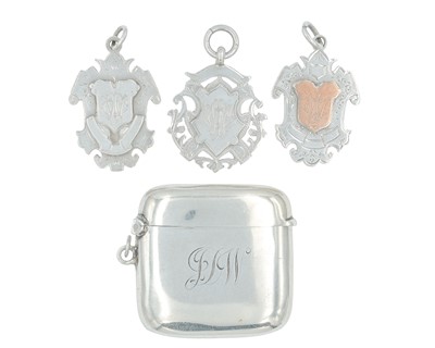 Lot 1109 - A George V silver fob vesta case, and three silver shield fobs.