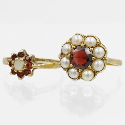 Lot 171 - Two 9k gold garnet and pearl set cluster rings.