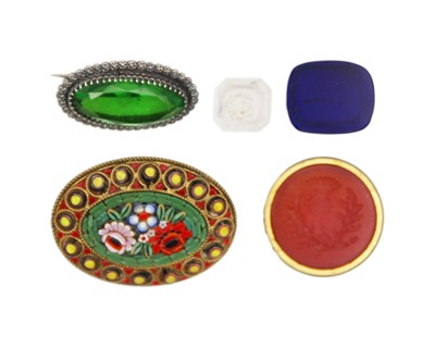 Lot 21 - A Charles Horner paste brooch, a Millefiori micromosaic brooch, and three seals.