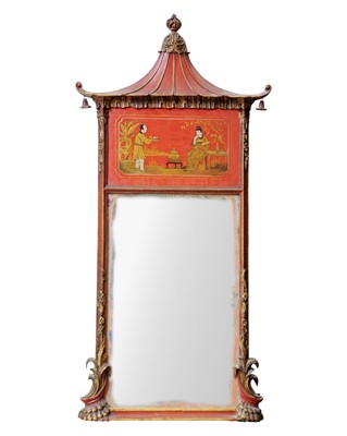 Lot 827 - A red lacquered, gilt and painted Chinoiserie wall mirror.