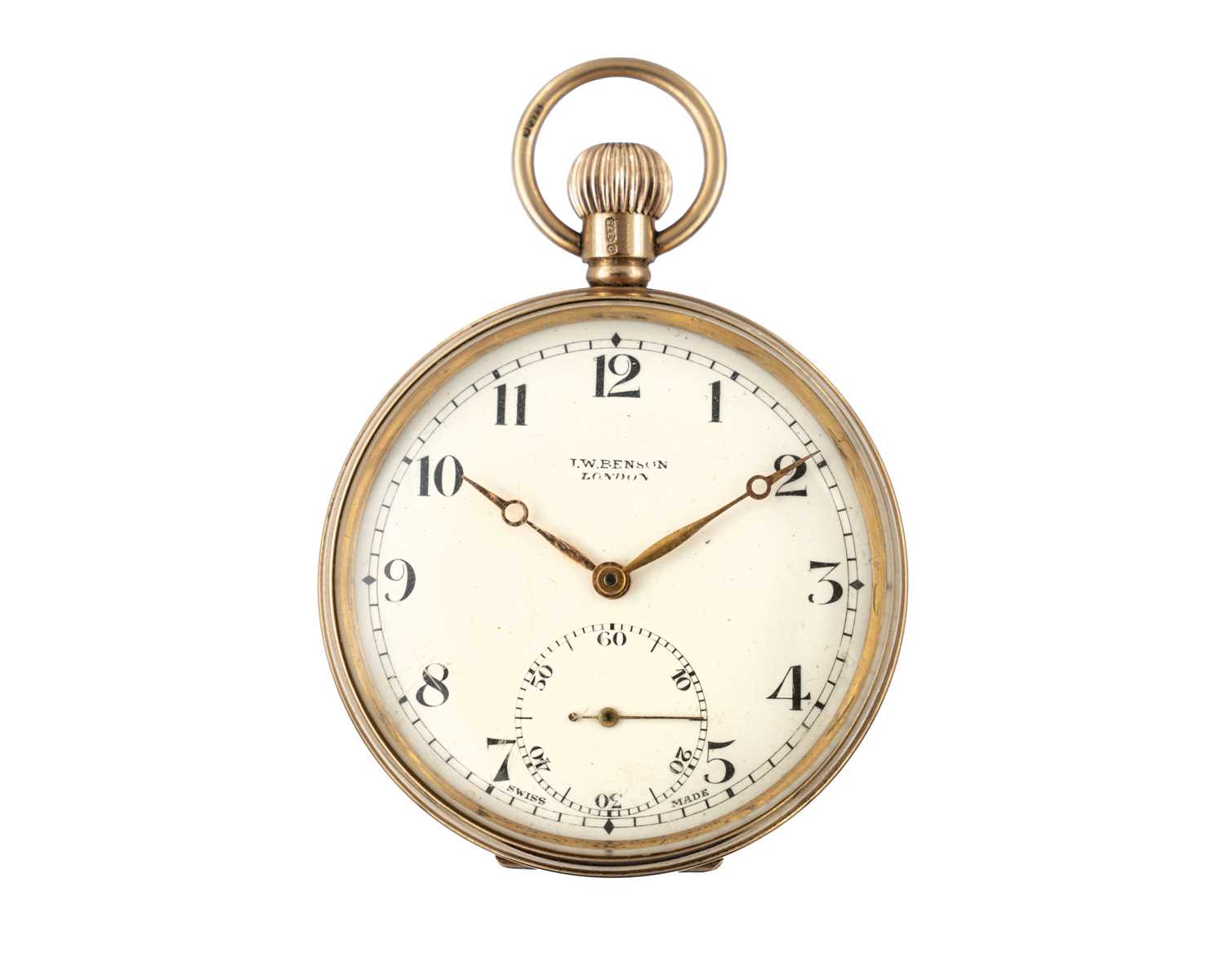 Lot 241 - J.W. BENSON - A 9k rose gold keyless wind lever pocket watch.