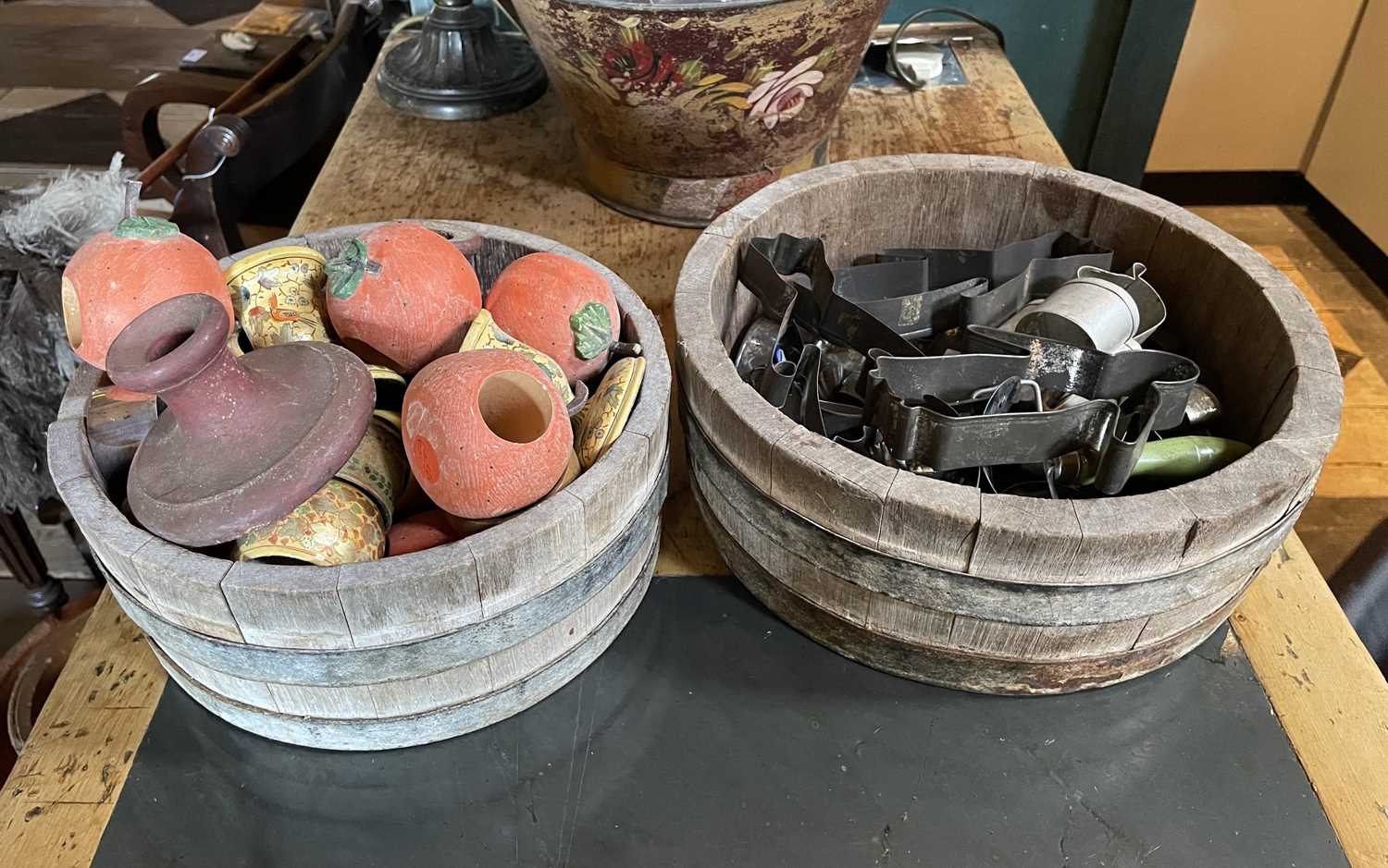 Lot 121 - Two coopered wooden planters.