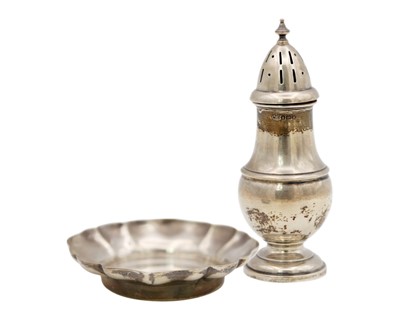 Lot 145 - A George VI silver baluster sugar caster by Elkington & Co, and a modern silver pin tray.