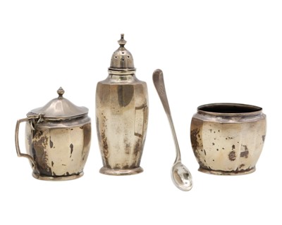 Lot 133 - A modern silver three-piece cruet set by S J Rose & Son.