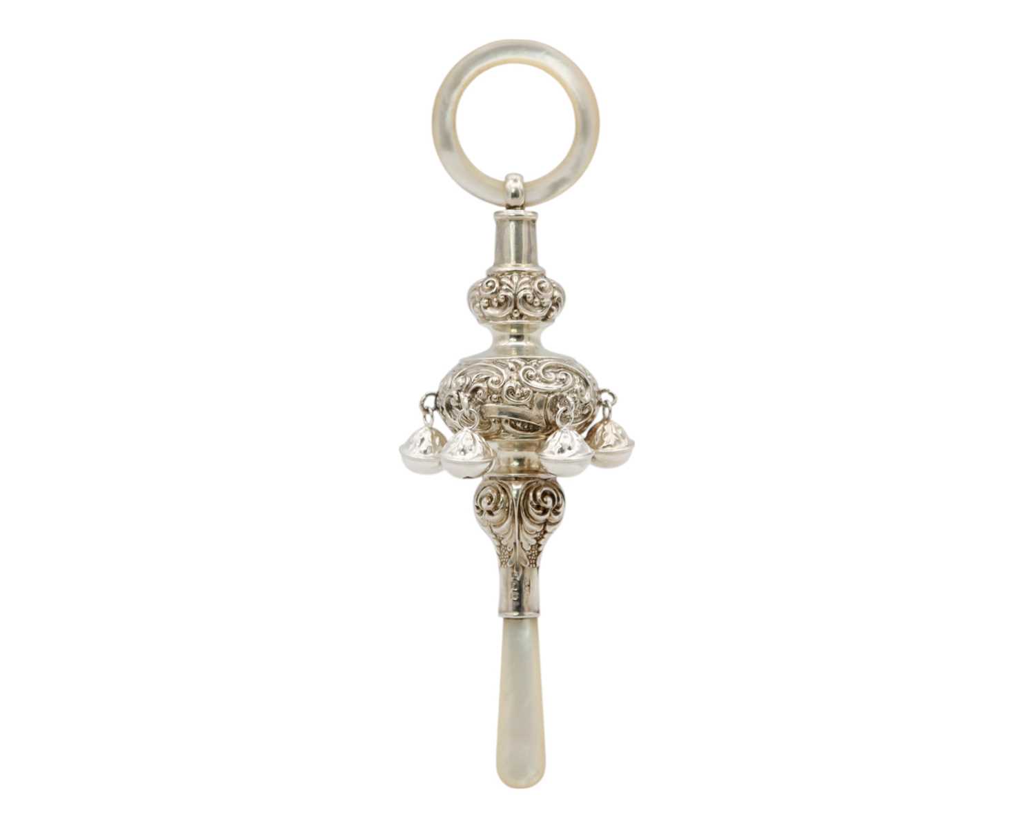 Lot 89 - A good Victorian silver baby's rattle with mother-of-pearl ring and teether by Cornelius Saunders & Francis Shepherd.