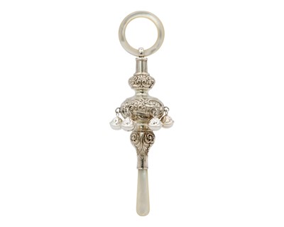 Lot 89 - A good Victorian silver baby's rattle with mother-of-pearl ring and teether by Cornelius Saunders & Francis Shepherd.