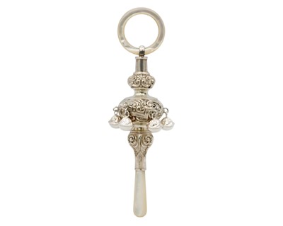 Lot 89 - A good Victorian silver baby's rattle with mother-of-pearl ring and teether by Cornelius Saunders & Francis Shepherd.