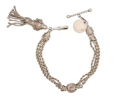 Lot 194 - A Victorian silver fancy link Albertina watch chain with filigree ball and tassel fob.