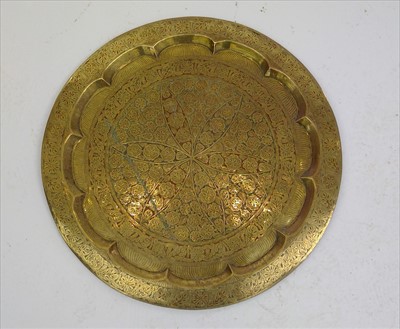 Lot 234 - A Benares brass circular tray with coloured...